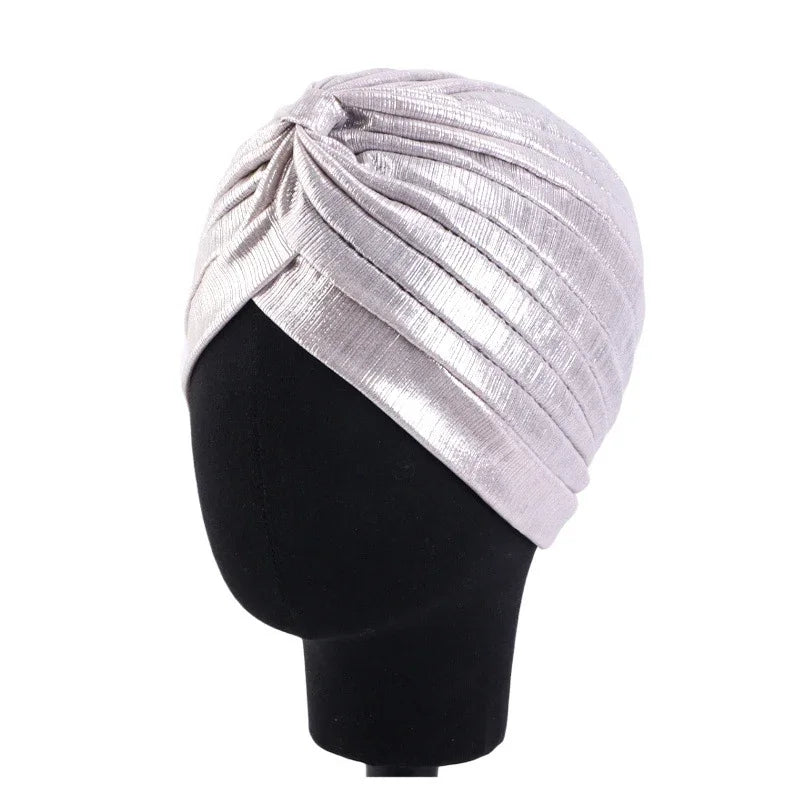 New Women Gold Silver Turban Hats Chemo Bandana Hijab Pleated Indian Cap Turbante Hat Ladies Hair Loss Headscarf Muslim Headwear
