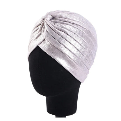 New Women Gold Silver Turban Hats Chemo Bandana Hijab Pleated Indian Cap Turbante Hat Ladies Hair Loss Headscarf Muslim Headwear