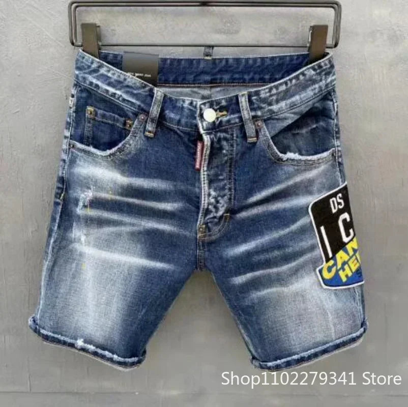 New Summer Men Blue Denim Shorts Italian Style Male Shorts Jeans High Quality Male Stretch Fit Ripped Denim Jeans Shorts Size 38