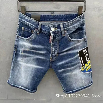 New Summer Men Blue Denim Shorts Italian Style Male Shorts Jeans High Quality Male Stretch Fit Ripped Denim Jeans Shorts Size 38
