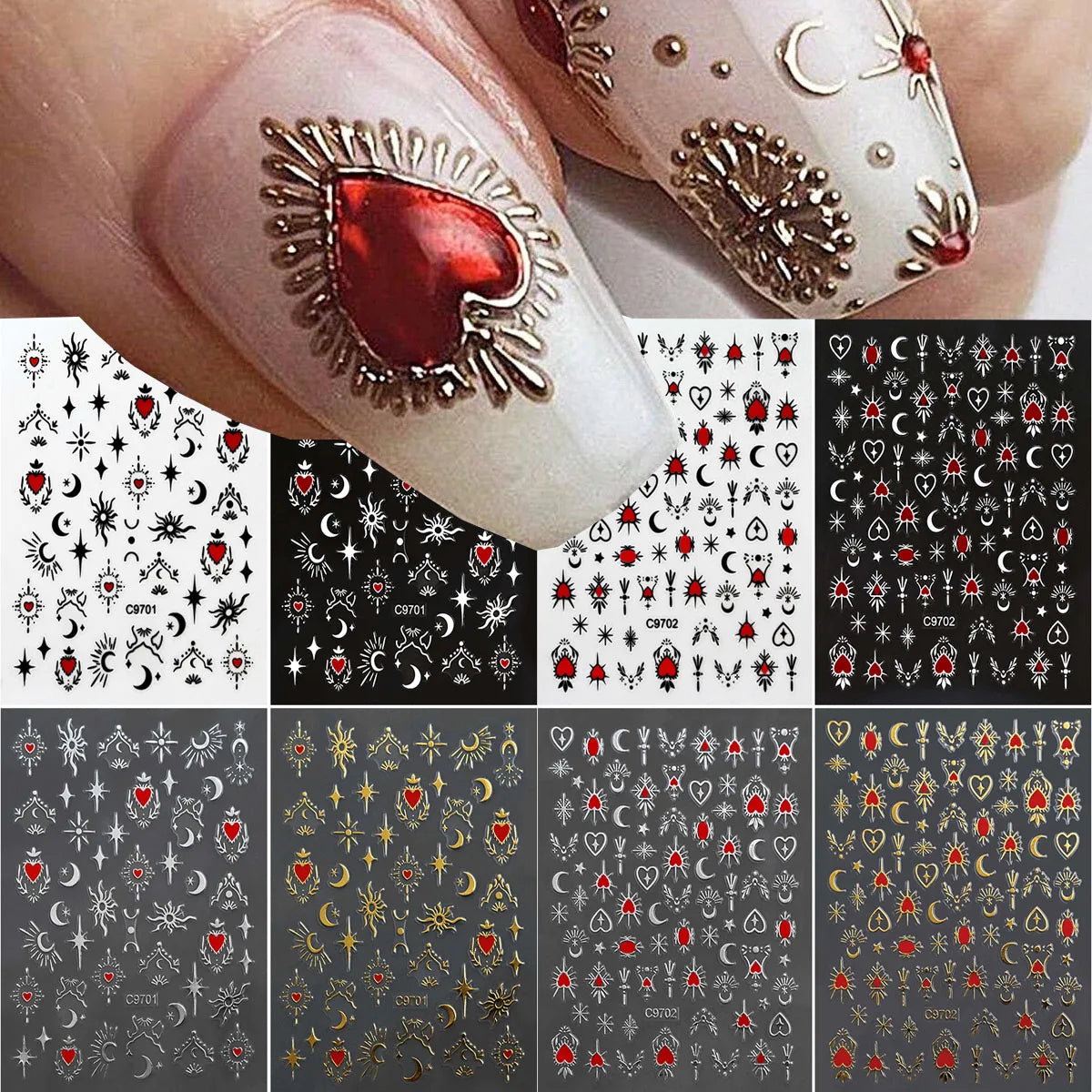 8Pcs Red Heart Nail Stickers 3D Bronzing Silver Gold Heart Shape Star & Moon Metal Totem Nail Slider Self-Adhesive DIY Nail Art*