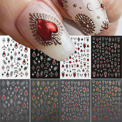 8Pcs Red Heart Nail Stickers 3D Bronzing Silver Gold Heart Shape Star & Moon Metal Totem Nail Slider Self-Adhesive DIY Nail Art*