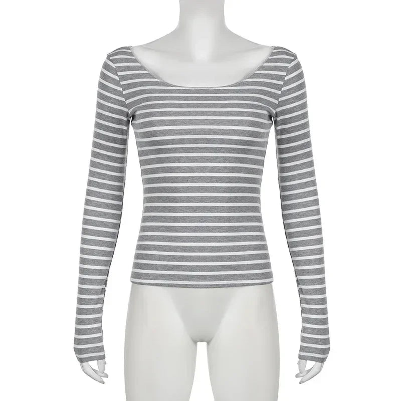 Casual Basic Striped T Shirt Slim O-Neck Long Sleeve Tees Women 2024 Autumn Spring Fashion Streetwear Ladies Underwear