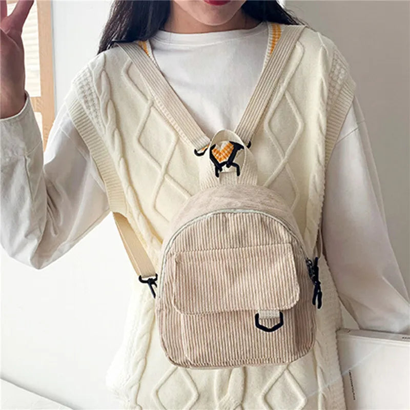 Fashion Women Mini Backpack Solid Color Corduroy Small Backpacks Simple Casual Student Bookbags Traveling Backpacks