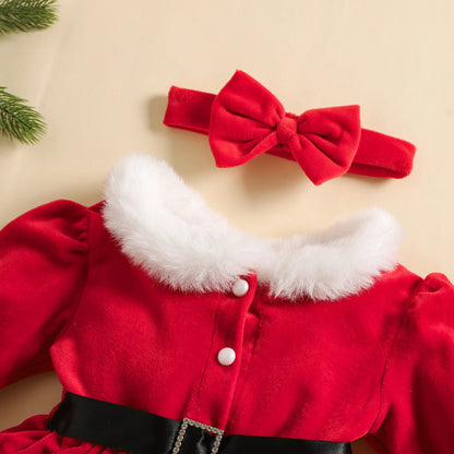 MISOWMNJOY Christmas Baby Party Clothes for Girls Rompers Dress Cute Velvet Skirt Hem Long Sleeve Toddler Bodysuit with Headband