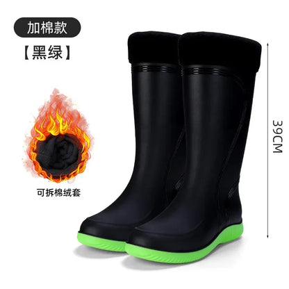 Men's Rain Boots Long Tube Water Shoes Non-slip Waterproof Safety Work Shoes Black Red Platform Cotton high-top outer wear
