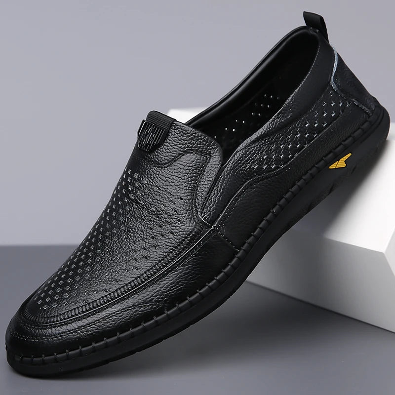 Men Casual Summer Footwear Breathable Mens Leisure Walk Loafers Genuine Leather Moccasins Hollow Out Slip on Male Driving Shoes