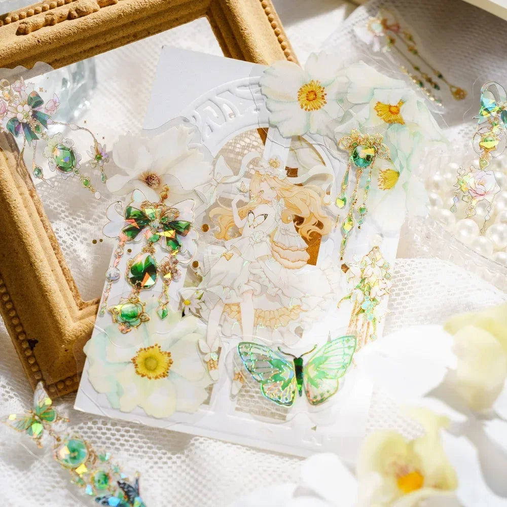 20pcs/pack Vintage Jewelry Theme Sticker Pack PET Laser Gold Hand Account Border Material Sticker Stationery