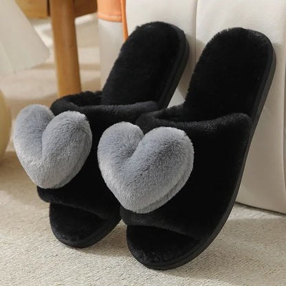 Women Warm Home Slippers Men Indoor Bedroom Cute Heart Pattern Slides Adults Non-slip Plush House Sandals Couples Fashion Shoes
