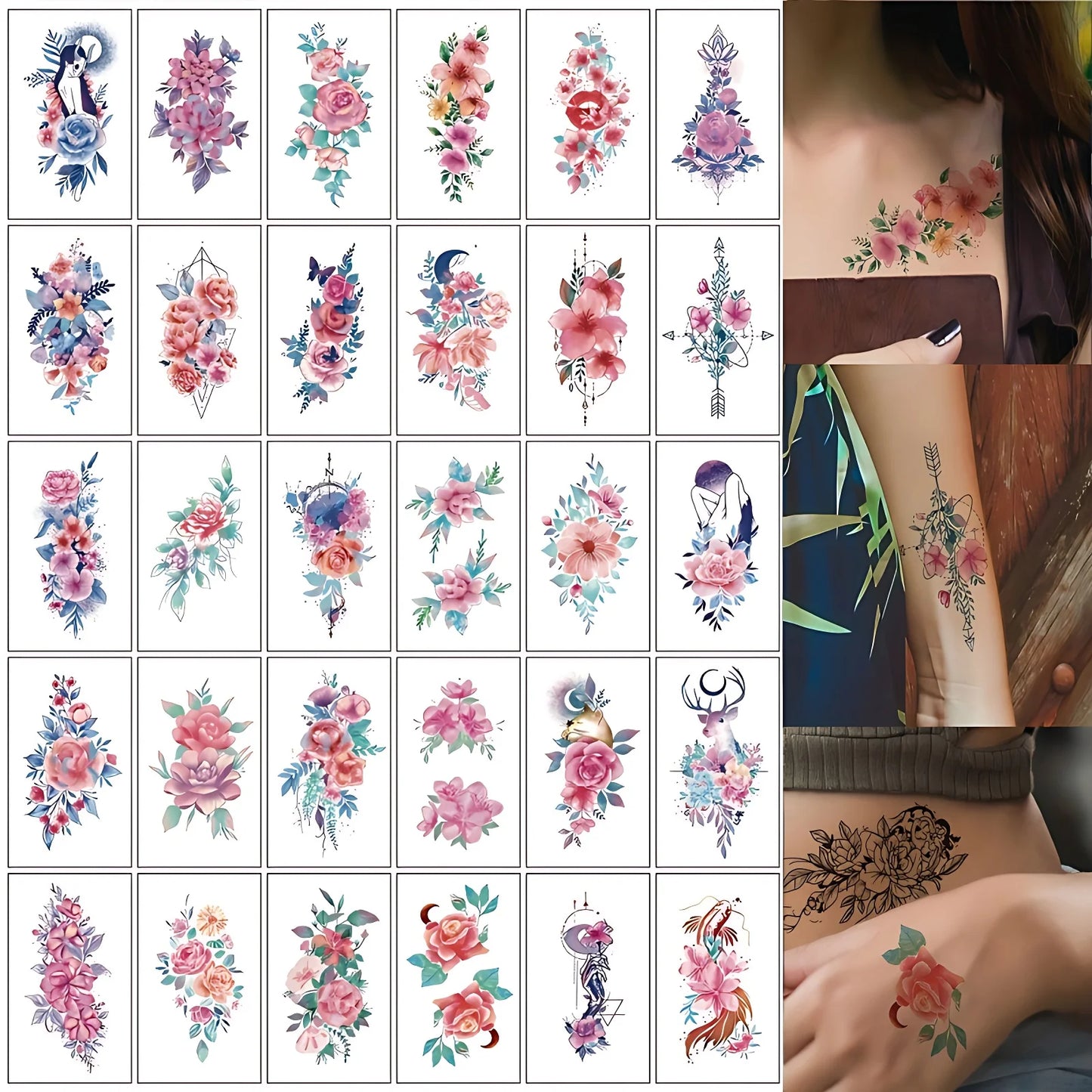30pcs/lot Watercolor Floral Temporary Tattoo Stickers for Women Girls Small Fake Flower Tattoo Waterproof Hands Wrist Chest Arm