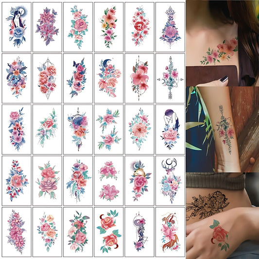 30pcs/lot Watercolor Floral Temporary Tattoo Stickers for Women Girls Small Fake Flower Tattoo Waterproof Hands Wrist Chest Arm