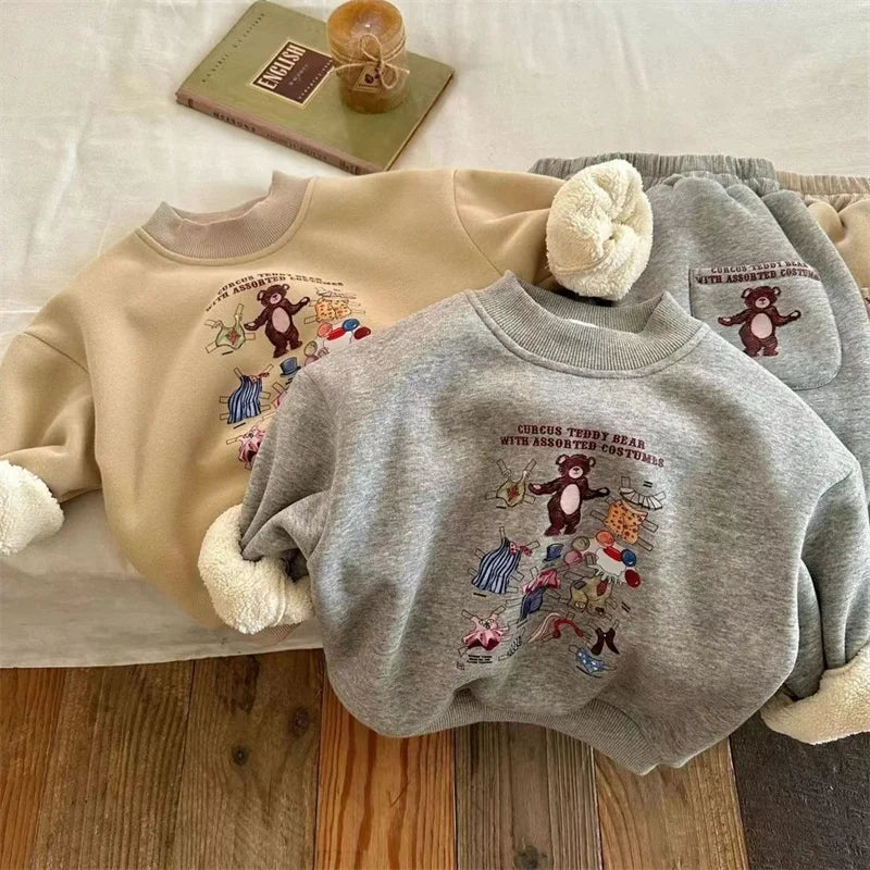Boys Girls Padded Fashion Sets Children Autumn Winter Cartoon Suits Kids Casual Sweatshirt+Pants 2Pcs Outfits New Trend Clothing