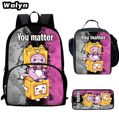 3Pcs Set LankyBox School Backpacks with Lunch Bag Pencil Case,Cartoon Large Capacity School Bags for Grade 1-4,Mochila for Pupil