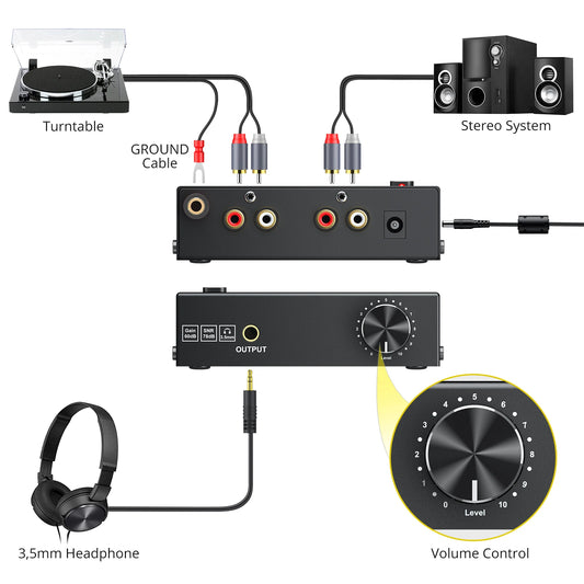 PROZOR Phono Preamplifier Converter Audiophile M/M Phono Preamp Preamplifier with Level Control 2 RCA Input & Output for AK-750S