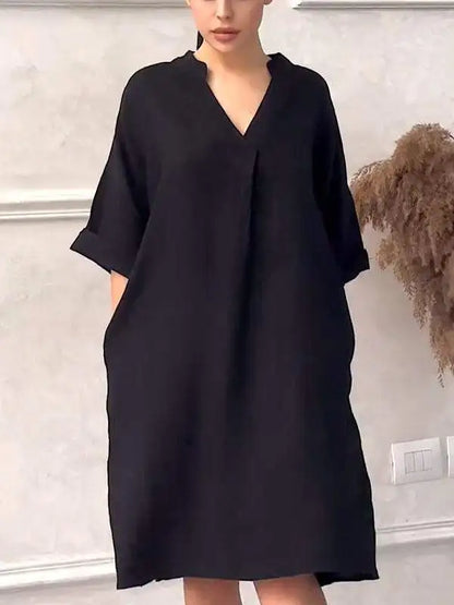 Fashion Cotton And Linen Women's V-neck Loose Dress 2025 Spring And Summer Solid Color Casual Short Sleeved Pocket Midi Dresses