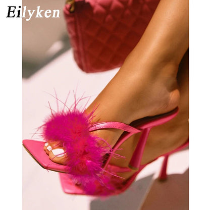 Eilyken Summer Fashion Fluffy Furry Women Slippers Female Gladiator Sandals Party Banquet Mules High Heels Slides Shoes
