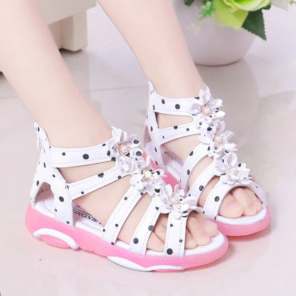 Girls Sandals Flowers Kids Roman Sandals Children Gladiator Shoes Soft Leather With Dots Zipper Pearl Beading Toddler 1-12 Years