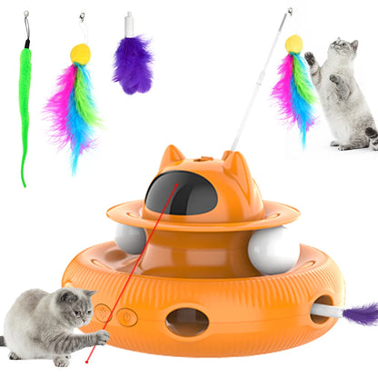 Moebypet Interactive 4-in-1 Cat Toy Rechargeable Feather Stick Laser Trackball Retractable Feather Popular Indoor Toys for Cats