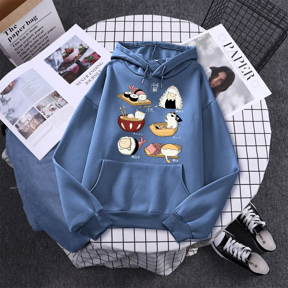 Sushi Cat's Day Harajuku Printed Hoody Womens Fashion Loose Clothing Autumn Fleece Sweatshirt Casual O-Neck Female Streetwear