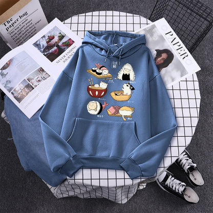 Sushi Cat's Day Harajuku Printed Hoody Womens Fashion Loose Clothing Autumn Fleece Sweatshirt Casual O-Neck Female Streetwear