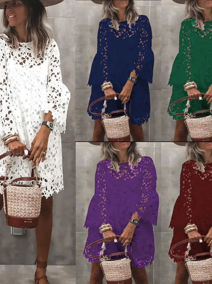 Autumn Women's Solid Color Dress Ethnic Style Sexy Lace Hollow Flower Temperament Elegant Casual Long Sleeved Knee Length Dress