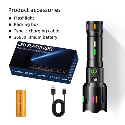 High Power Spotlight Long Range LED Flashlight Fluorescent Absorbing Film Luminous Colorful Zoom Flashlight Camping Emergency