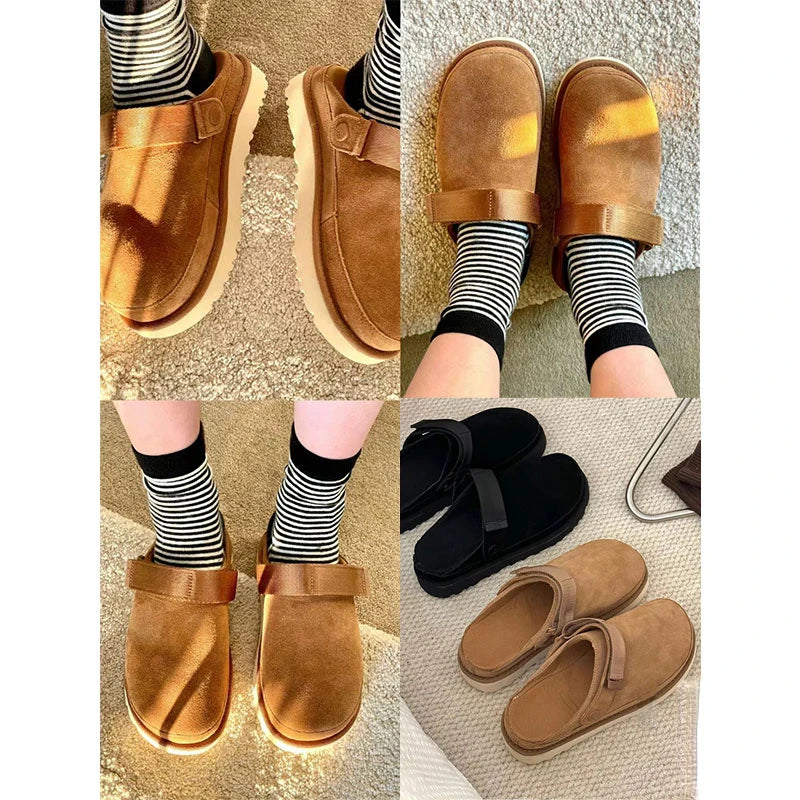 Women's Leather Birke Wrap Toe Slippers Men's Comfort Casual Outdoor Sandals Women's Thick Velcro Flats Mueller Shoes
