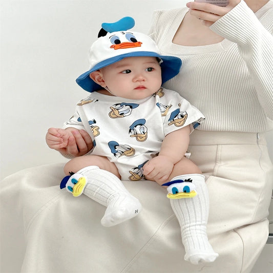 Baby Girl Jumpsuit Boys Romper Sock Hat 3pcs Newborn Clothes Set Cotton Cartoon Daisy Donald Duck Infant Toddler Bodysuit Outfit