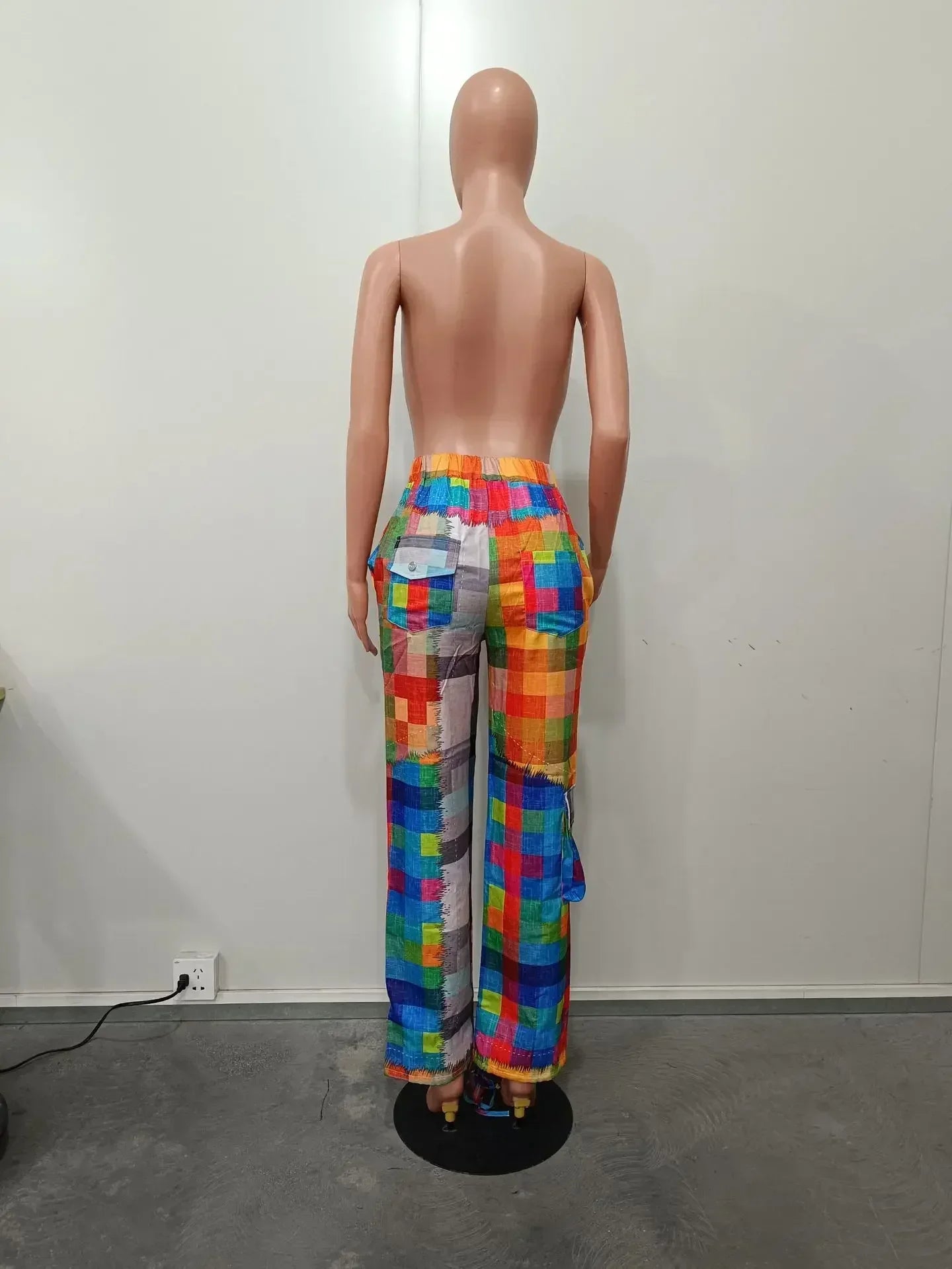 CM.YAYA Women 3D Plaid Printed Multi Pocket Drawstring Hem Straight Cargo Pants 2023 New Fashion Safari Style Trousers