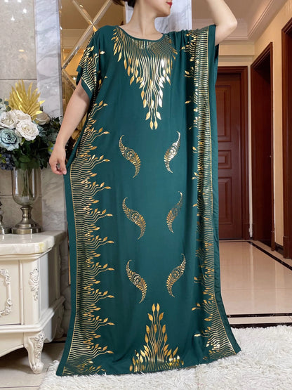 2024 Summer Short sleeve Dress Pure Cotton Gold Stamping Loose Abaya Maxi Islam Dress With Tassels Big Scarf African Long Dress