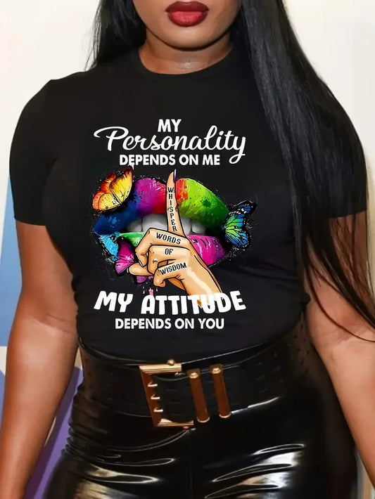Butterfly and Lip Printed Plus Size T-Shirt Women Short Sleeved Round Neck Casual Top Fashionable Street Original Style Tops