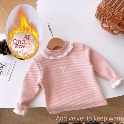 Toddler Baby Girl Velvet Warm Tops Children Turtleneck Butterfly Sweater Shirts 1-13Years Children Base Tops in Pink Beige 6 8 9