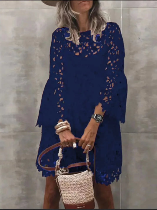 Autumn Women's Solid Color Dress Ethnic Style Sexy Lace Hollow Flower Temperament Elegant Casual Long Sleeved Knee Length Dress