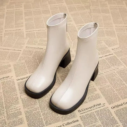 Black Women's Ankle Boots Fashion Back Zippers Short Square Heel Women Shoes Anti-slip Thick Sole Leisure Daily Commute Boots