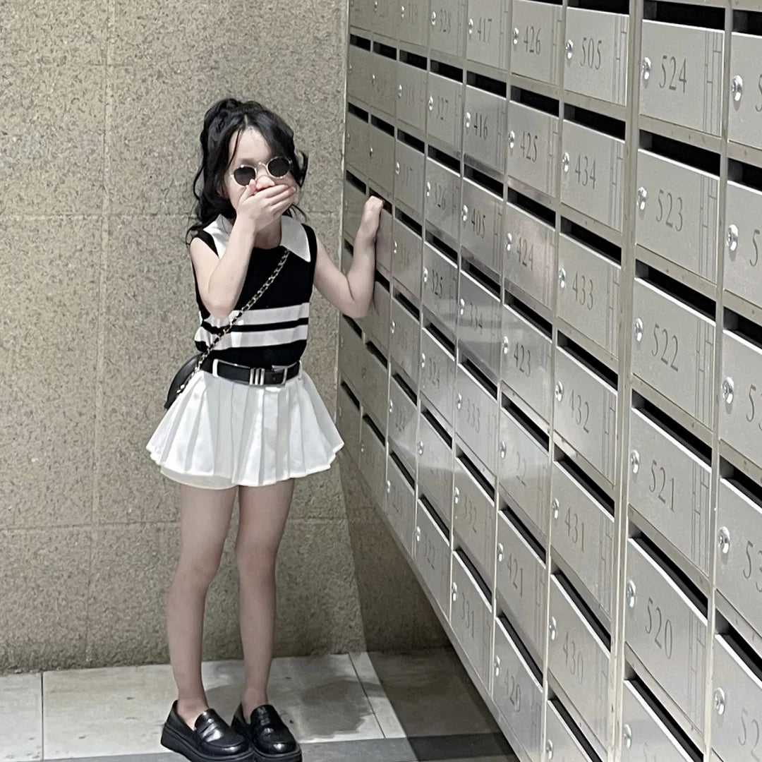 2-9Y Baby and Girls Summer Set Latest Children's Fashionable Knitted Polo Shirt Tank Top Pleated Skirt Two Piece Set