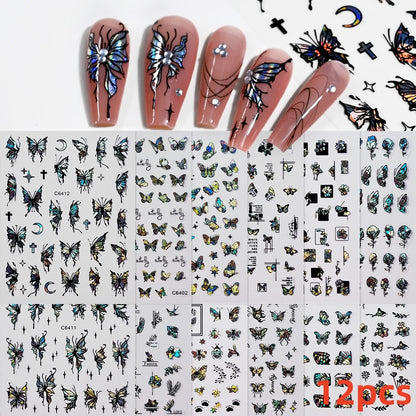 8Pcs Red Heart Nail Stickers 3D Bronzing Silver Gold Heart Shape Star & Moon Metal Totem Nail Slider Self-Adhesive DIY Nail Art*