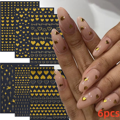 8Pcs Red Heart Nail Stickers 3D Bronzing Silver Gold Heart Shape Star & Moon Metal Totem Nail Slider Self-Adhesive DIY Nail Art*