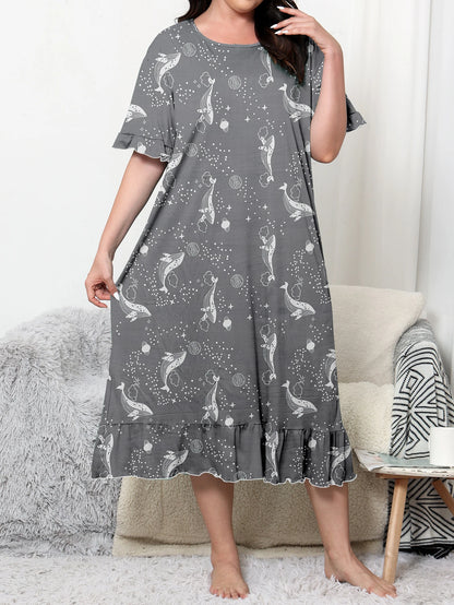 Plus size dress, knee length dress, cartoon style for home and casual wear, can be worn externally. Plus size 1-5XL 2024 new dre