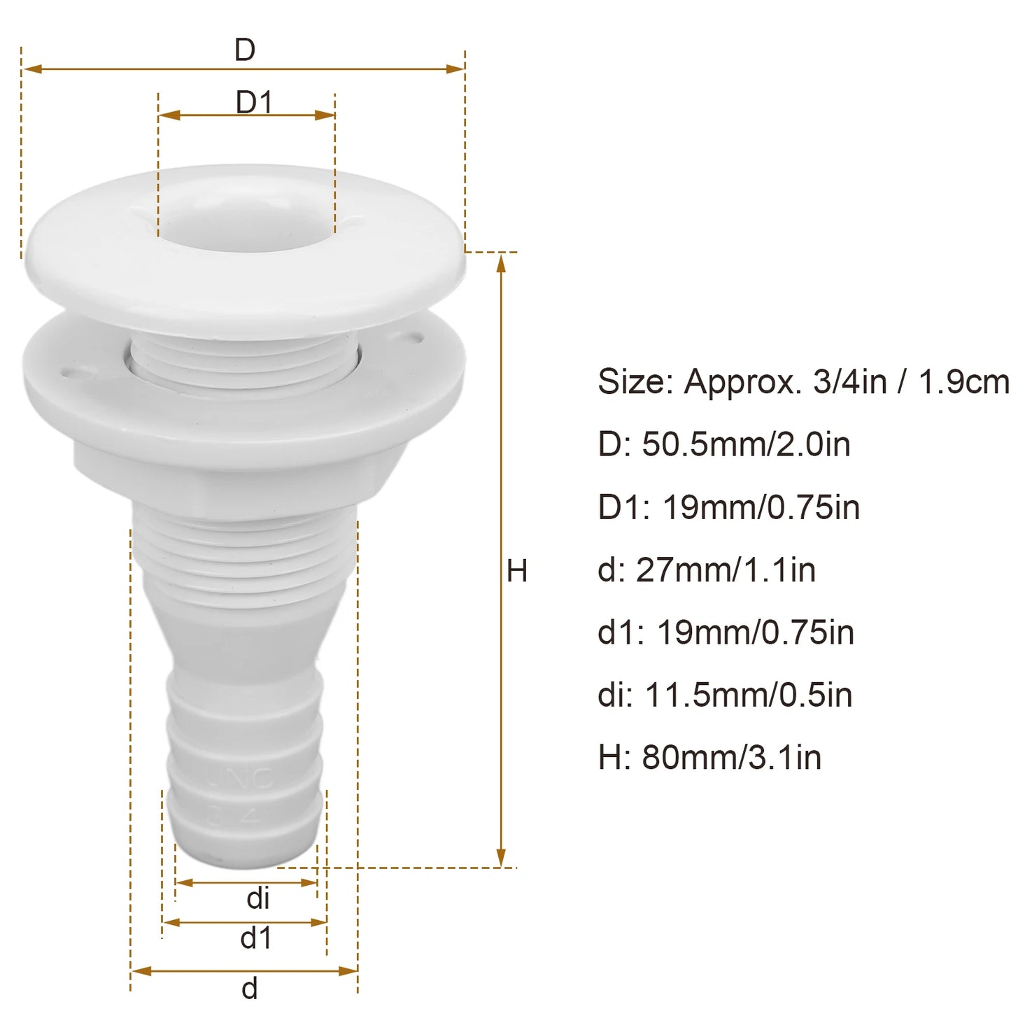 Boats Fitting Boat Through Hull Connector 3/4in ABS Plastic Hose Coupling Drain Outlet Accessory Drain Scupper Thru Hull Fitting