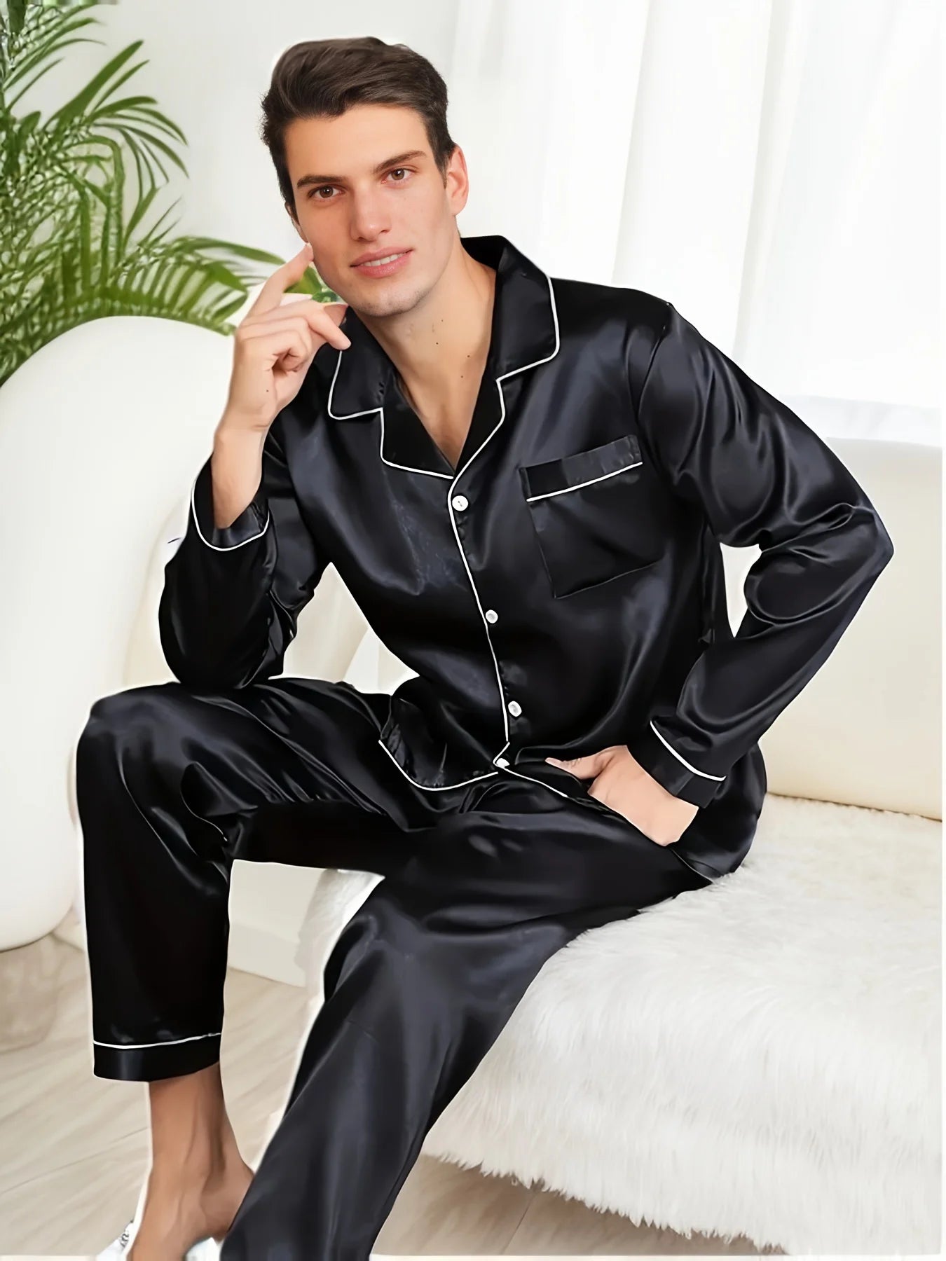 Solid Color Silk Pajamas For Men Long Sleeves Pijama Big size Lounge Male Home Night Wear Suit Satin Pyjama Men's Pajama Sets