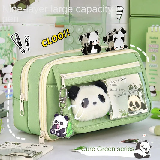 Panda New Nine Layer Large Capacity Transparent Pen Bag Cute Girl Junior High School Student Pencil Case Stationery Bag Storage