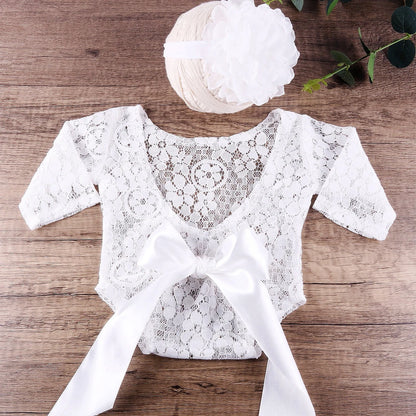 Ylsteed Newborn Photoshoot Outfit Big Bowknot White Long Sleeve Lace Romper with Headband Photo Props for Infants Portrait prop