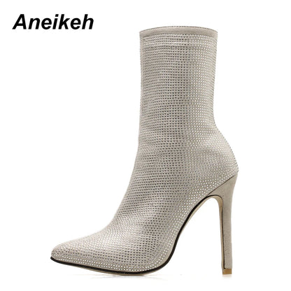 Aneikeh Spring Banquet Sexy Shiny Crystal Rhinestones Women's Ankle Boots High Heels Nightclub Modern Booties For Females Shoes