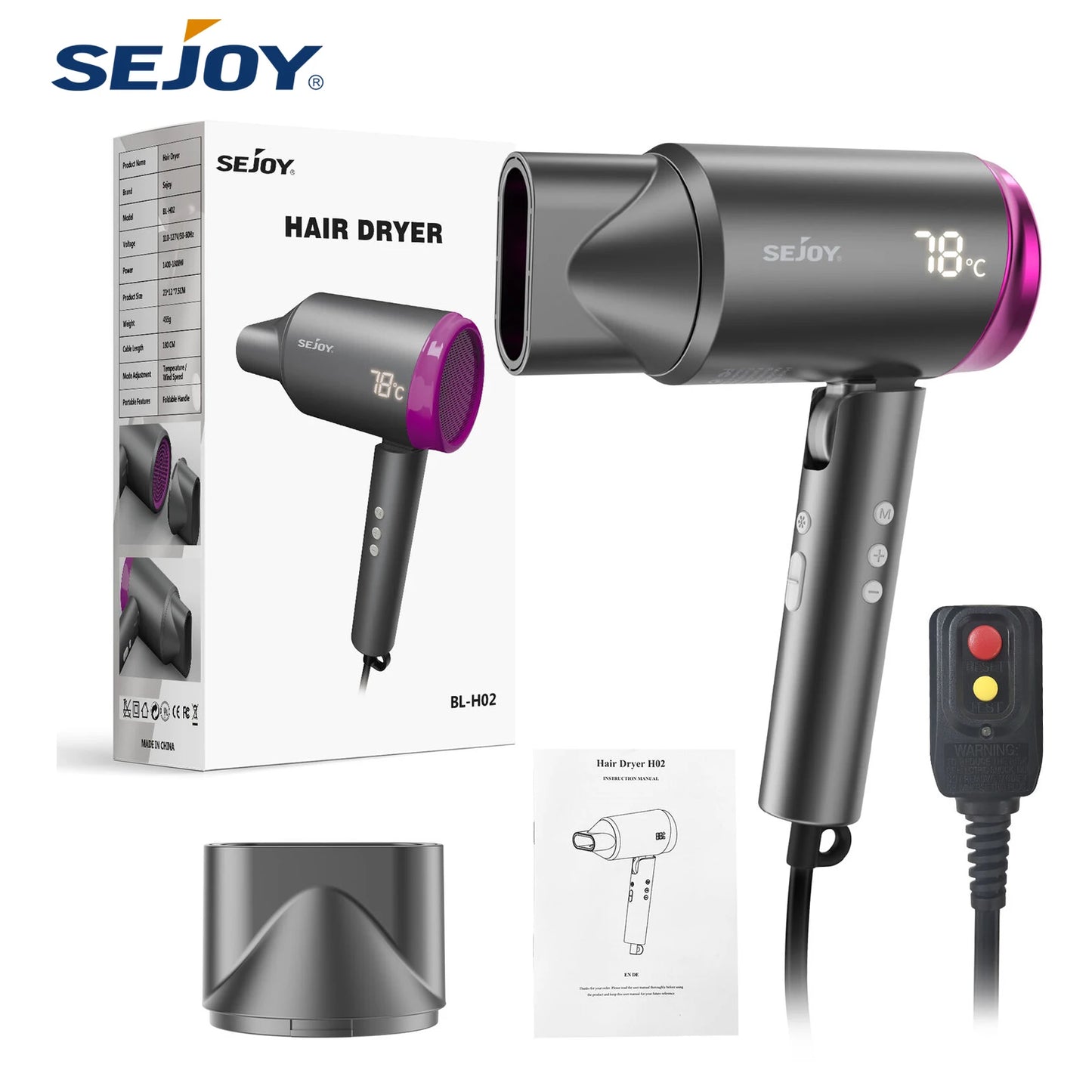 SEJOY Hair Dryers 1800W Professional Salon Hair Dryer Ionic Blow Dryer with Negative Nozzle