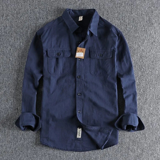 Ameikeji British Style Retro Long Sleeve Shirt Coat Men Spring  Autumn Twill Cotton Versatile Solid Color Male Cargo Work Shirts