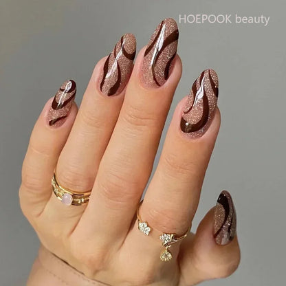 24pcs Black 3D Bow Almond Fake Nails Tips Pearl Love Sequin Design False Nails Art Removable Waterproof Artificial Press on Nail