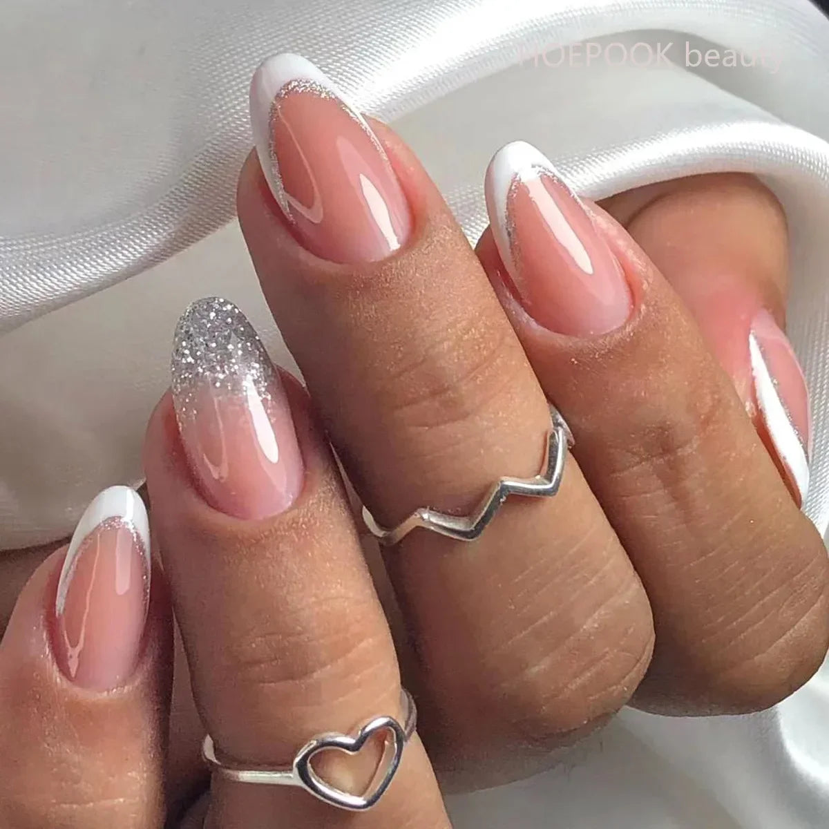 24pcs Black 3D Bow Almond Fake Nails Tips Pearl Love Sequin Design False Nails Art Removable Waterproof Artificial Press on Nail