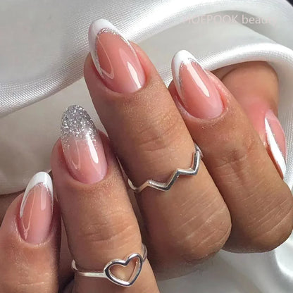 24pcs Black 3D Bow Almond Fake Nails Tips Pearl Love Sequin Design False Nails Art Removable Waterproof Artificial Press on Nail