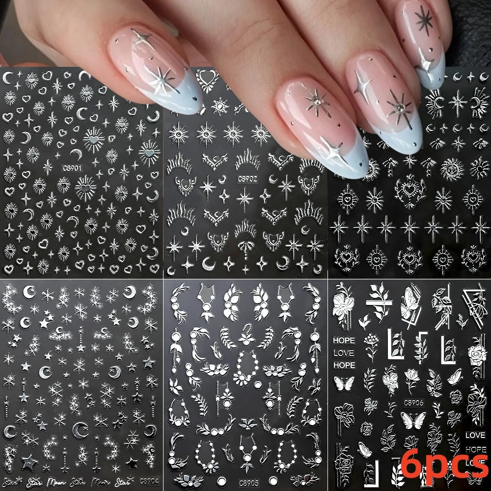 8Pcs Red Heart Nail Stickers 3D Bronzing Silver Gold Heart Shape Star & Moon Metal Totem Nail Slider Self-Adhesive DIY Nail Art*