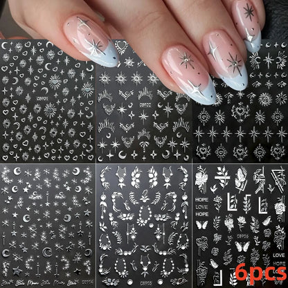 8Pcs Red Heart Nail Stickers 3D Bronzing Silver Gold Heart Shape Star & Moon Metal Totem Nail Slider Self-Adhesive DIY Nail Art*